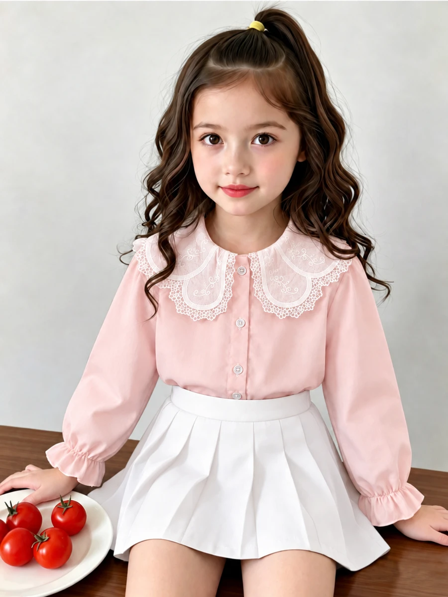 Genkimix Kids Young Girls Elegant Lace Trim Peter Pan Collar Blouse Long Flounce Sleeve Button Down Shirt Cute Preppy Young Girl Tops - Pink - View 1