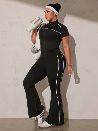 SHEIN Rhythm Era طقم رياضي نسائي مقاس كبير تي شيرت بأكمام قصيرة وسحاب أمامي وبنطال واسع