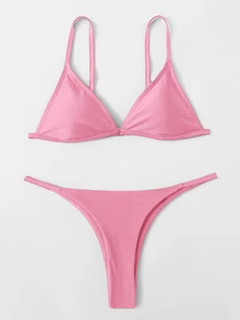 SHEIN Swim 简约纯色休闲日常比基尼套装，适合夏季海滩度假 - 粉色 - 查看 4