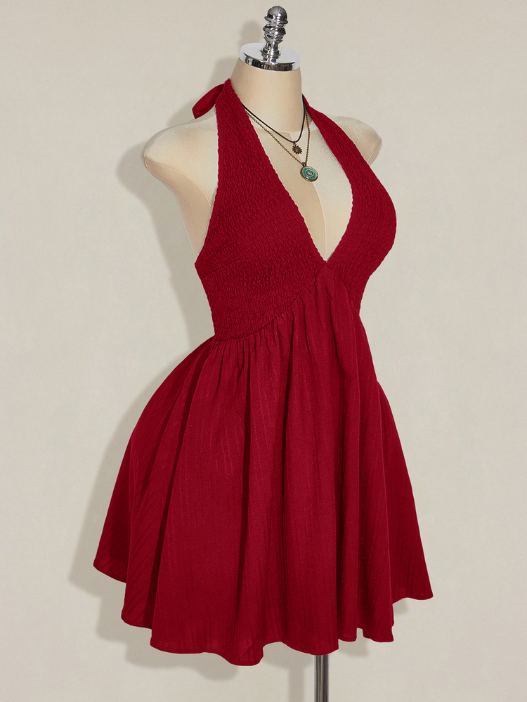 SHEIN ICON Plus Size Halter Red And White Woven Cinched Waist A-Line Backless Dress Suitable For Summer Vacation Daily Wear Y2K Traditional Elegant - Red - View 3