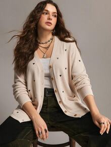 Freevana Plus Size Women's Autumn/Winter Heart Pattern Long Sleeve Single-Breasted Knit Cardigan - Apricot - View 6