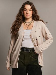 Freevana Plus Size Women's Autumn/Winter Heart Pattern Long Sleeve Single-Breasted Knit Cardigan - Apricot - View 5