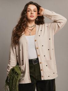 Freevana Plus Size Women's Autumn/Winter Heart Pattern Long Sleeve Single-Breasted Knit Cardigan - Apricot - View 1