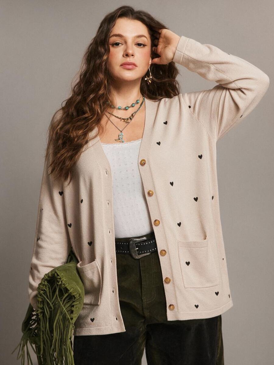 Freevana Plus Size Women's Autumn/Winter Heart Pattern Long Sleeve Single-Breasted Knit Cardigan - Apricot - View 1
