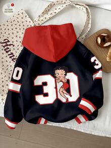 Slaydiva Betty Boop x SHEIN Plus Size Women's Cartoon Print Hooded Sweatshirt, Spring/Autumn Winter - Multicolor - View 2