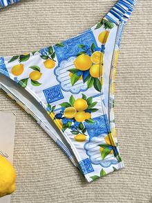 SHEIN Swim 女款休閒熱帶度假海灘水果印花比基尼泳衣 2 件套 檸檬印花 夏季 - 彩色 - 查看 9