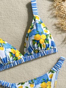 SHEIN Swim 女款休閒熱帶度假海灘水果印花比基尼泳衣 2 件套 檸檬印花 夏季 - 彩色 - 查看 7