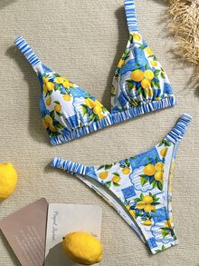 SHEIN Swim 女款休閒熱帶度假海灘水果印花比基尼泳衣 2 件套 檸檬印花 夏季 - 彩色 - 查看 2