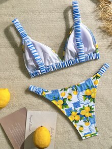 SHEIN Swim 女款休閒熱帶度假海灘水果印花比基尼泳衣 2 件套 檸檬印花 夏季 - 彩色 - 查看 6