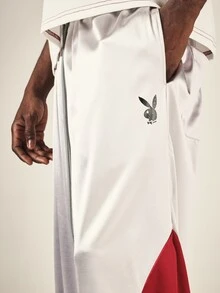 PLAYBOY X SUMWON Bunny Logo Wide Leg Track Pants With Color Block Side Panel Satin Finish Drawstring Waist Full Length - Silver - View 5