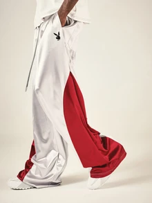 PLAYBOY X SUMWON Bunny Logo Wide Leg Track Pants With Color Block Side Panel Satin Finish Drawstring Waist Full Length - Silver - View 4