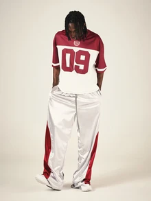 PLAYBOY X SUMWON Bunny Logo Wide Leg Track Pants With Color Block Side Panel Satin Finish Drawstring Waist Full Length - Silver - View 3