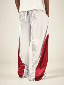 PLAYBOY X SUMWON Bunny Logo Wide Leg Track Pants With Color Block Side Panel Satin Finish Drawstring Waist Full Length - Silver - View 2