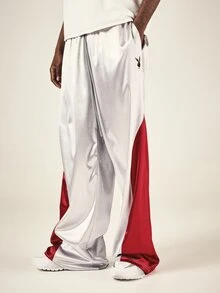 PLAYBOY X SUMWON Bunny Logo Wide Leg Track Pants With Color Block Side Panel Satin Finish Drawstring Waist Full Length - Silver - View 1