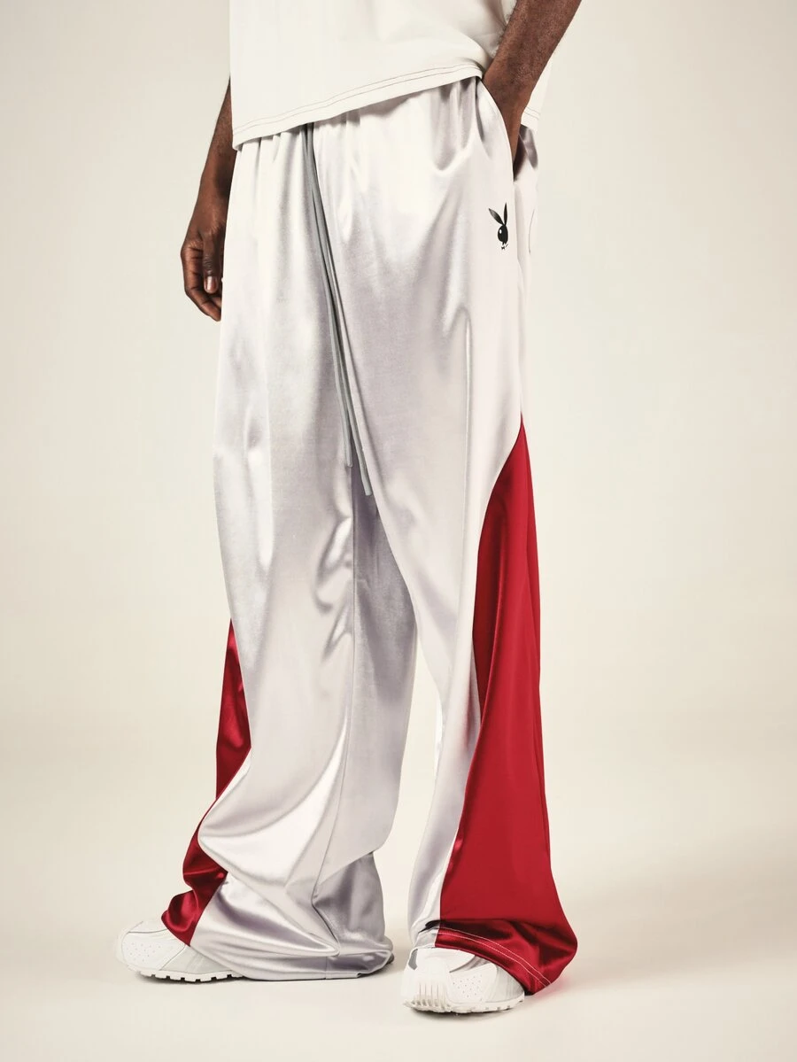 PLAYBOY X SUMWON Bunny Logo Wide Leg Track Pants With Color Block Side Panel Satin Finish Drawstring Waist Full Length - Silver - View 1