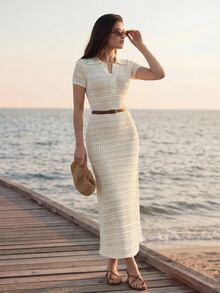 Briarwyn 女款優雅法式海岸風熱帶秋季米白色鏤空鉤編針織長版 Polo 洋裝，附腰帶，休閒度假海灘早午餐罩衫 - 白色 - 查看 2