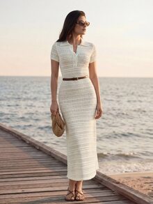 Briarwyn 女款優雅法式海岸風熱帶秋季米白色鏤空鉤編針織長版 Polo 洋裝，附腰帶，休閒度假海灘早午餐罩衫 - 白色 - 查看 3