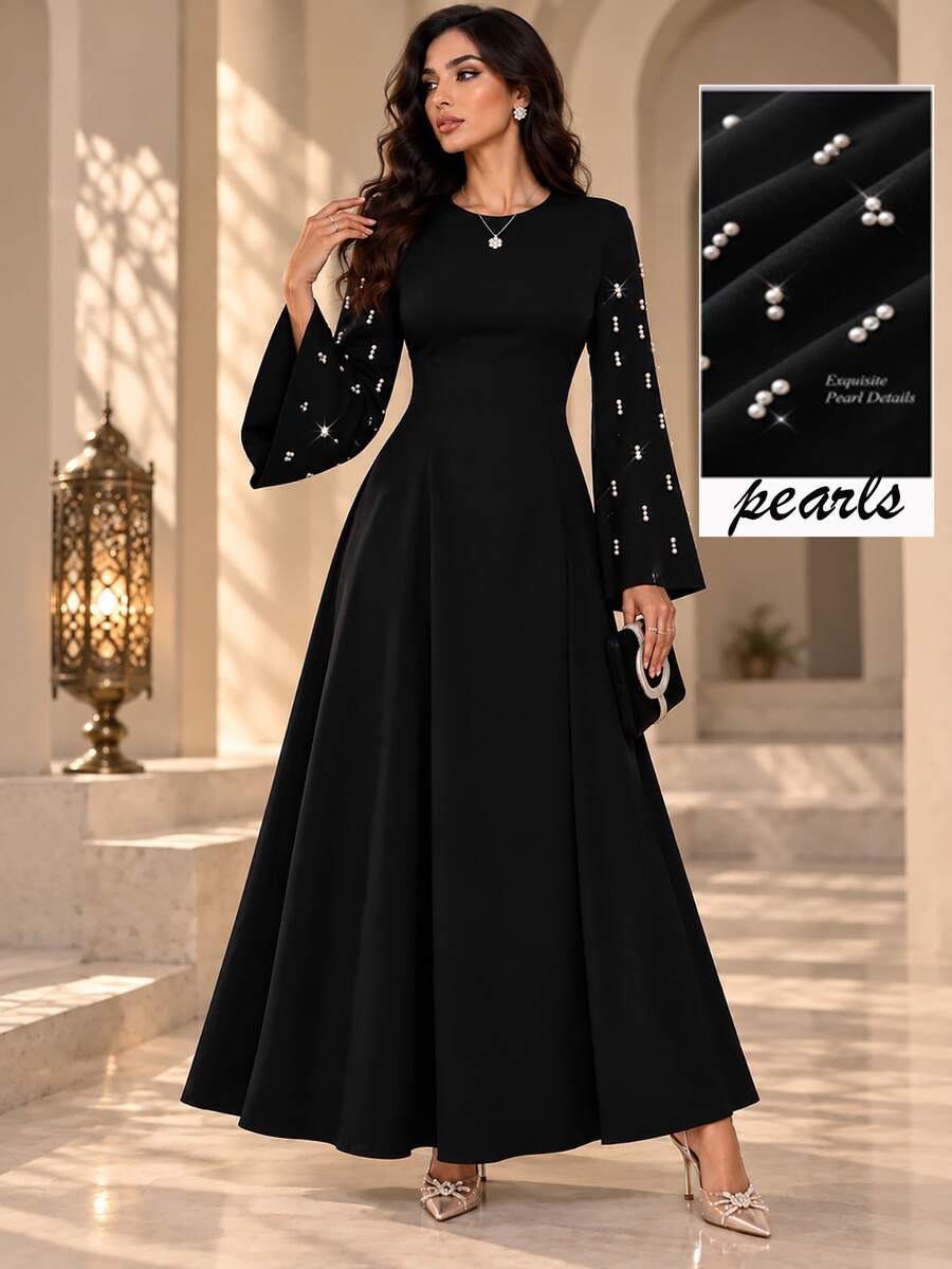 Graceveil Black Handmade Beaded Flared Long Sleeve Cinched Waist Dress
