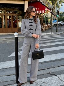 SHEIN Frenchy Women's Black & White Plaid Frog Button Long Sleeve Top And Pants Fashion 2 Pieces Set - Multicolor - View 3