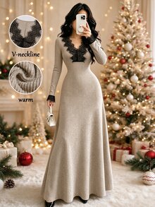 Elenzga Oat Milk Coffee French Lace V-Neck Fuzzy Ribbed Knit Long Sleeve Slim Fit Flattering Long Bodycon Mermaid Dress For Women - Multicolor - View 1