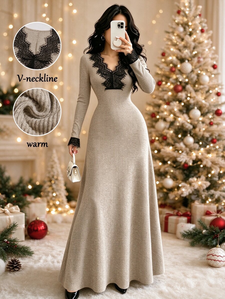 Elenzga Oat Milk Coffee French Lace V-Neck Fuzzy Ribbed Knit Long Sleeve Slim Fit Flattering Long Bodycon Mermaid Dress For Women - Multicolor - View 1