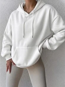 Cévolie Women's Solid Color Drop Shoulder Long Sleeve Pocket Casual Drawstring Hooded Sweatshirt - White - View 3