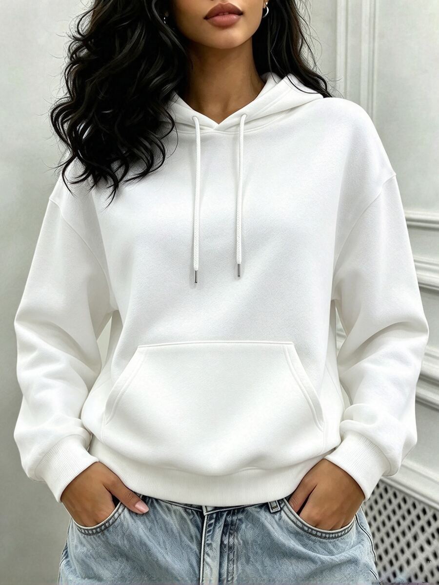 Cévolie Women's Solid Color Drop Shoulder Long Sleeve Pocket Casual Drawstring Hooded Sweatshirt - White - View 1