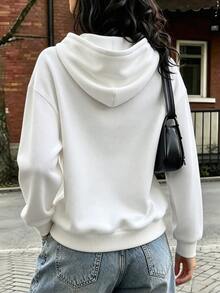 Cévolie Women's Solid Color Drop Shoulder Long Sleeve Pocket Casual Drawstring Hooded Sweatshirt - White - View 2