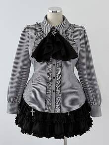 Sunspun Plus Size Women's Striped Casual Versatile Everyday Travel Shirt - Black and White - View 5