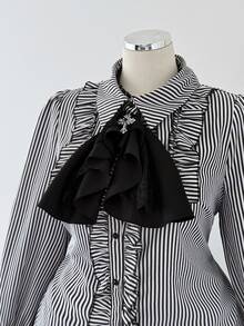 Sunspun Plus Size Women's Striped Casual Versatile Everyday Travel Shirt - Black and White - View 3