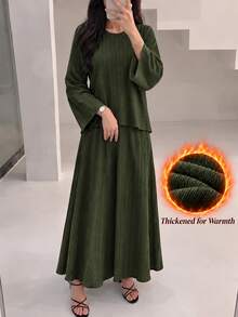 Rue Lumi Autumn/Winter Dark Green Textured Flare Sleeve Top & Long Skirt Casual Set - Dark Green - View 4
