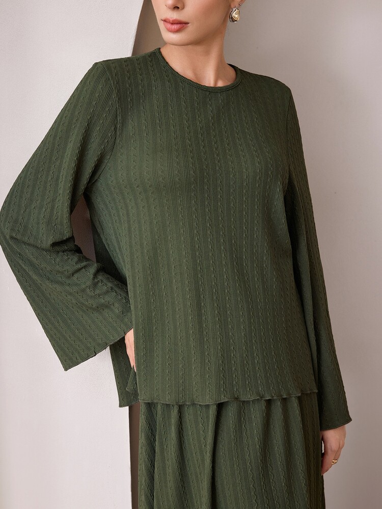 Rue Lumi Autumn/Winter Dark Green Textured Flare Sleeve Top & Long Skirt Casual Set - Dark Green - View 3