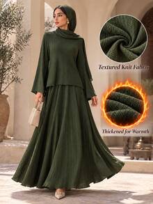 Rue Lumi Autumn/Winter Dark Green Textured Flare Sleeve Top & Long Skirt Casual Set - Dark Green - View 8