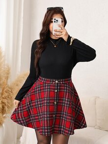 SHEIN LUNE 大尺碼素色圓領長袖上衣與格紋印花裙 2 件套 - 彩色 - 查看 6