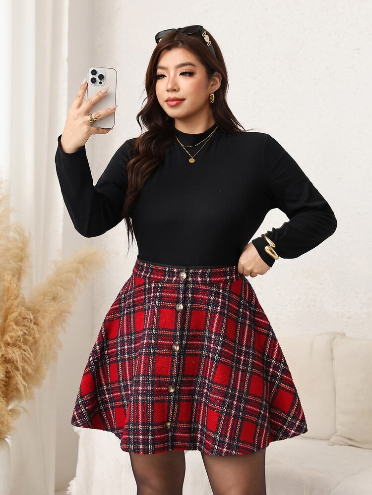 SHEIN LUNE Plus Size Plain Round Neck Long Sleeve Top And Plaid Print Skirt 2 Pieces - Multicolor - View 5