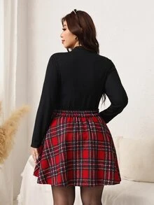 SHEIN LUNE 大尺碼素色圓領長袖上衣與格紋印花裙 2 件套 - 彩色 - 查看 2