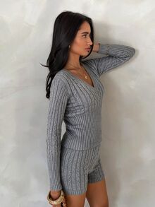 Glamine European & American Ins Style Slim Fit Ribbed Cable Knit Set, Cropped Long Sleeve Top + Bodycon Shorts, Home & Outdoor Wear - Grey - View 10