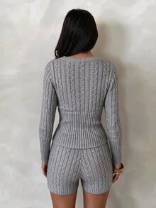 Glamine European & American Ins Style Slim Fit Ribbed Cable Knit Set, Cropped Long Sleeve Top + Bodycon Shorts, Home & Outdoor Wear - Grey - View 8