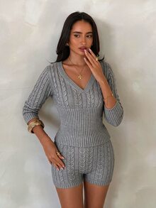 Glamine European & American Ins Style Slim Fit Ribbed Cable Knit Set, Cropped Long Sleeve Top + Bodycon Shorts, Home & Outdoor Wear - Grey - View 11