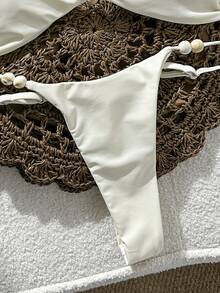 SHEIN Swim White Fabric Bikini Set For Women With Textured Pattern, Tie Back, And Spaghetti Strap Thongs - White - View 8