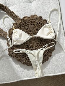 SHEIN Swim White Fabric Bikini Set For Women With Textured Pattern, Tie Back, And Spaghetti Strap Thongs - White - View 6
