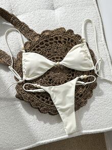 SHEIN Swim White Fabric Bikini Set For Women With Textured Pattern, Tie Back, And Spaghetti Strap Thongs - White - View 3