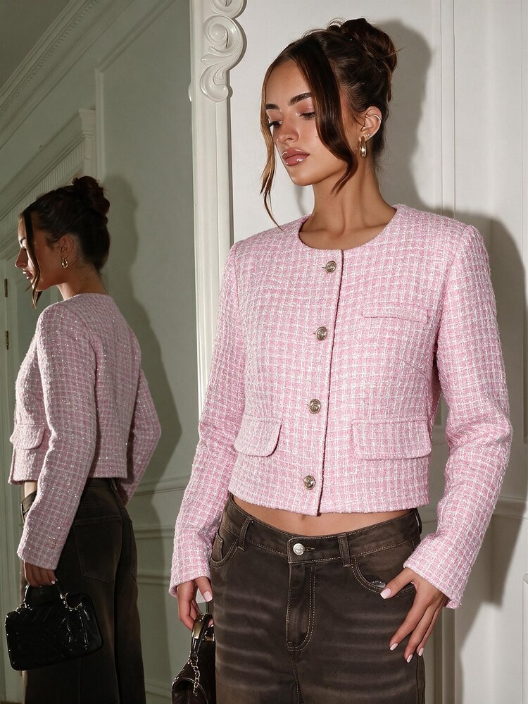Glamine Charm Elegant Round Neck Tweed Top With Contrast Color Single-Breasted Short Jacket Long Sleeve - Pink - View 13