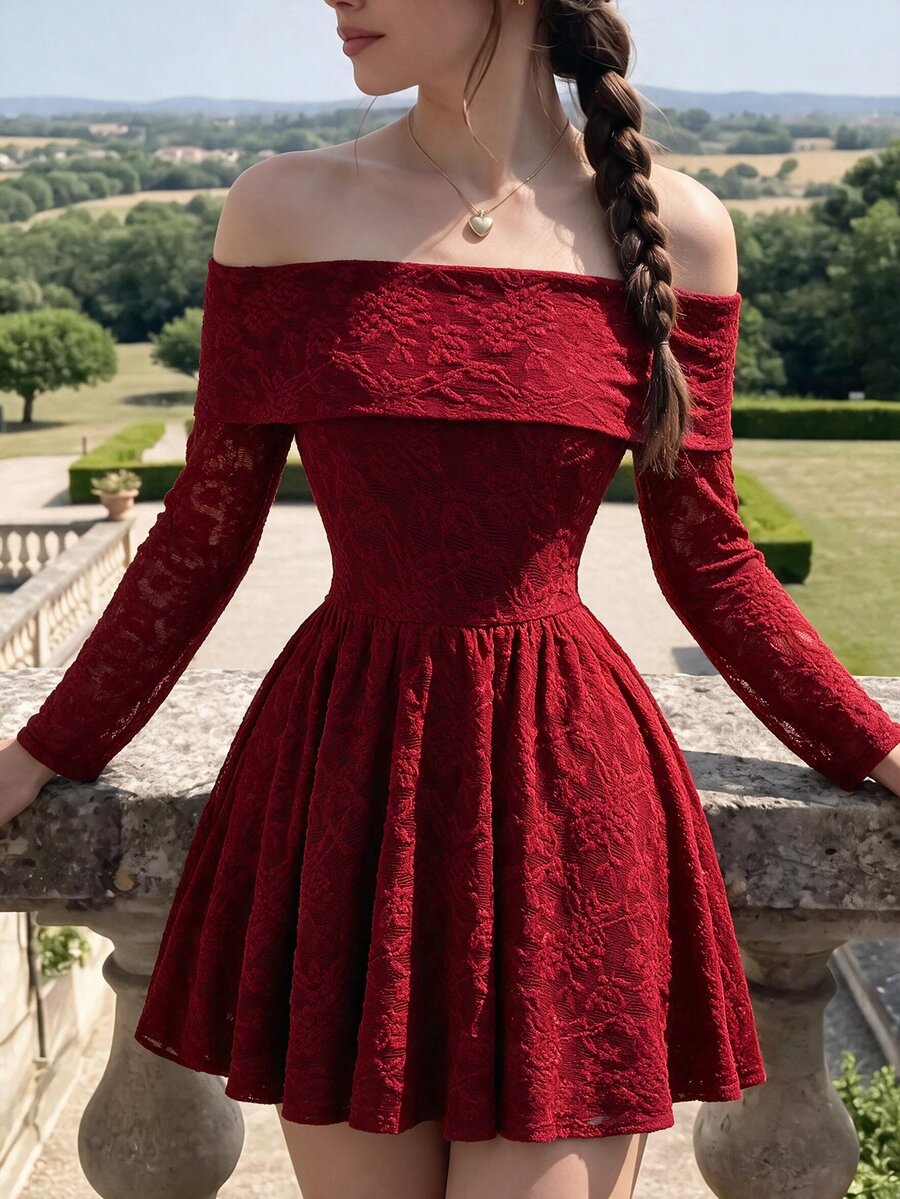 SHEIN MOD Women's Red Lace Patchwork Off-Shoulder Long Sleeve Waist-Cinching Flared Short Dress - Red - View 1