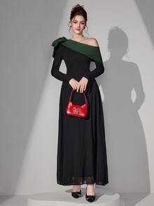 Poshira 优雅撞色不对称领口晚礼服 - 墨綠色 - 查看 8