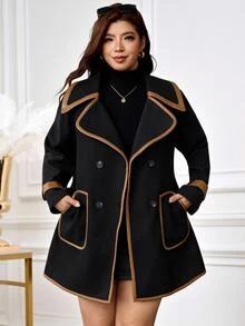 Reflora Plus Size Women's Elegant Business Casual Wool Blend Black Long Sleeve Dress Brown Contrast Trim, Tie Waist, Pockets, Slimming Fit Fall Formal - Black - View 4