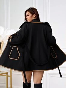 Reflora Plus Size Women's Elegant Business Casual Wool Blend Black Long Sleeve Dress Brown Contrast Trim, Tie Waist, Pockets, Slimming Fit Fall Formal - Black - View 3
