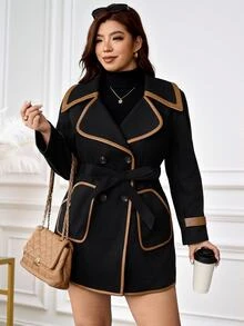 Reflora Plus Size Women's Elegant Business Casual Wool Blend Black Long Sleeve Dress Brown Contrast Trim, Tie Waist, Pockets, Slimming Fit Fall Formal - Black - View 6