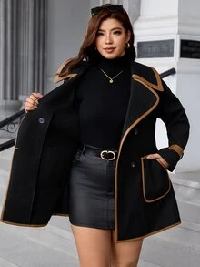 Reflora Plus Size Women's Elegant Business Casual Wool Blend Black Long Sleeve Dress Brown Contrast Trim, Tie Waist, Pockets, Slimming Fit Fall Formal - Black - View 8