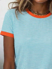 EMERY ROSE Plus Size Women's Contrast Color Stripe Print Round Neck Short Sleeve T-Shirt - Multicolor - View 5